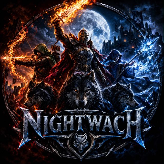 Nightwatch: guerrero, arquero y mago bajo la luna, con lobos, fuego y hielo